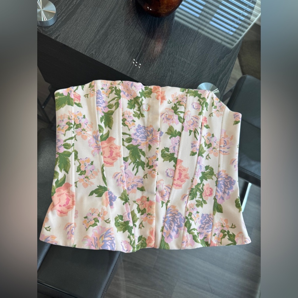 Zara Floral Strapless Corset Top in Pink with Green Accents - Picture 9 of 16